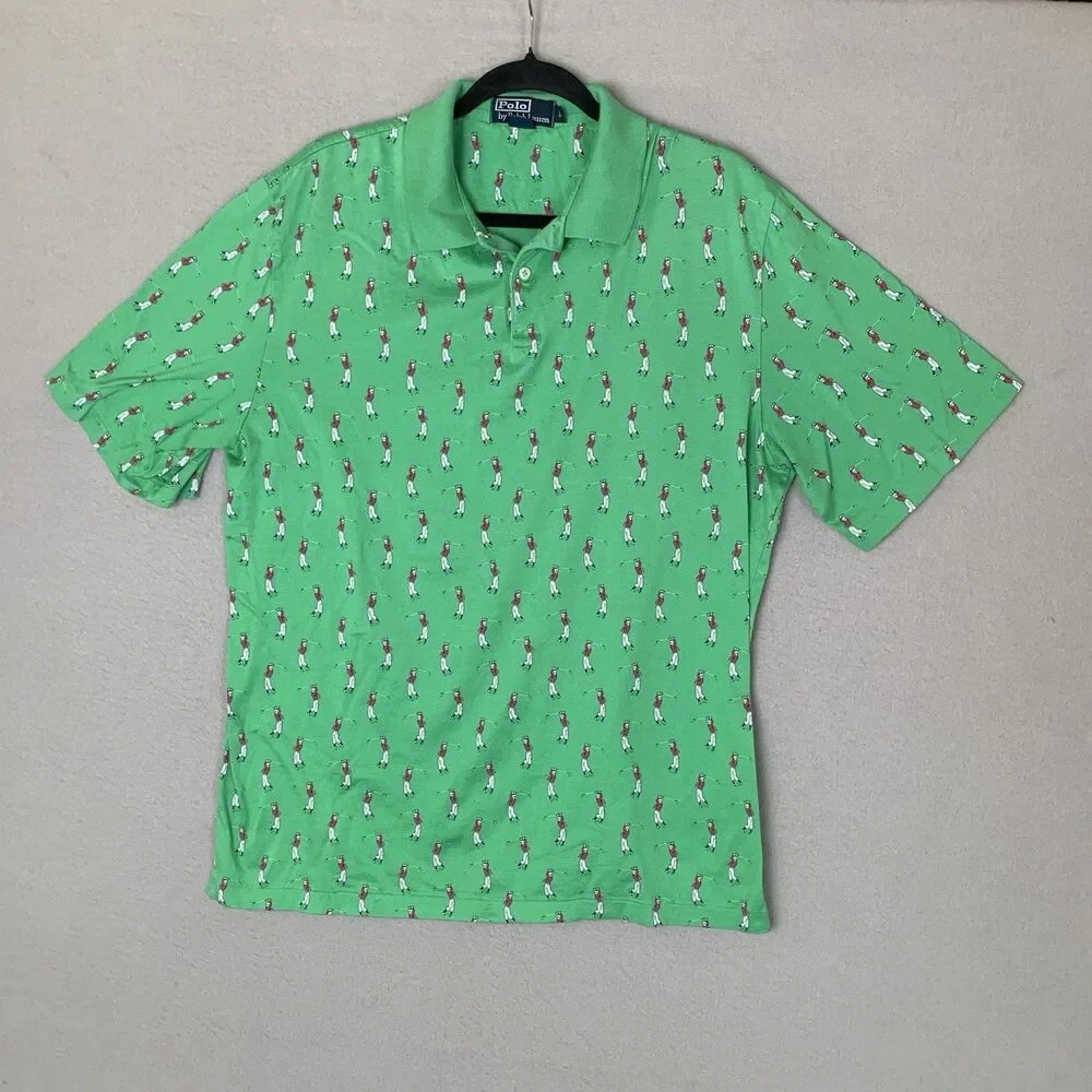 Polo Ralph Lauren Polo Men Large Green All Over Golfer Print Vintage Preppy Dad